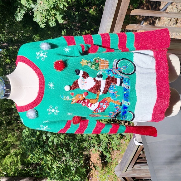 Ladies Ugly Sweater contest, green, Santa, Rudolph, pompoms, sequins, sz XL - Picture 11 of 11